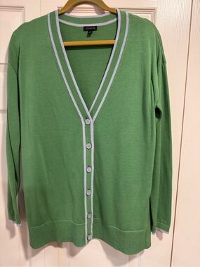 Talbots Green V-Neck Button-Front Cardigan with Light Blue Trim